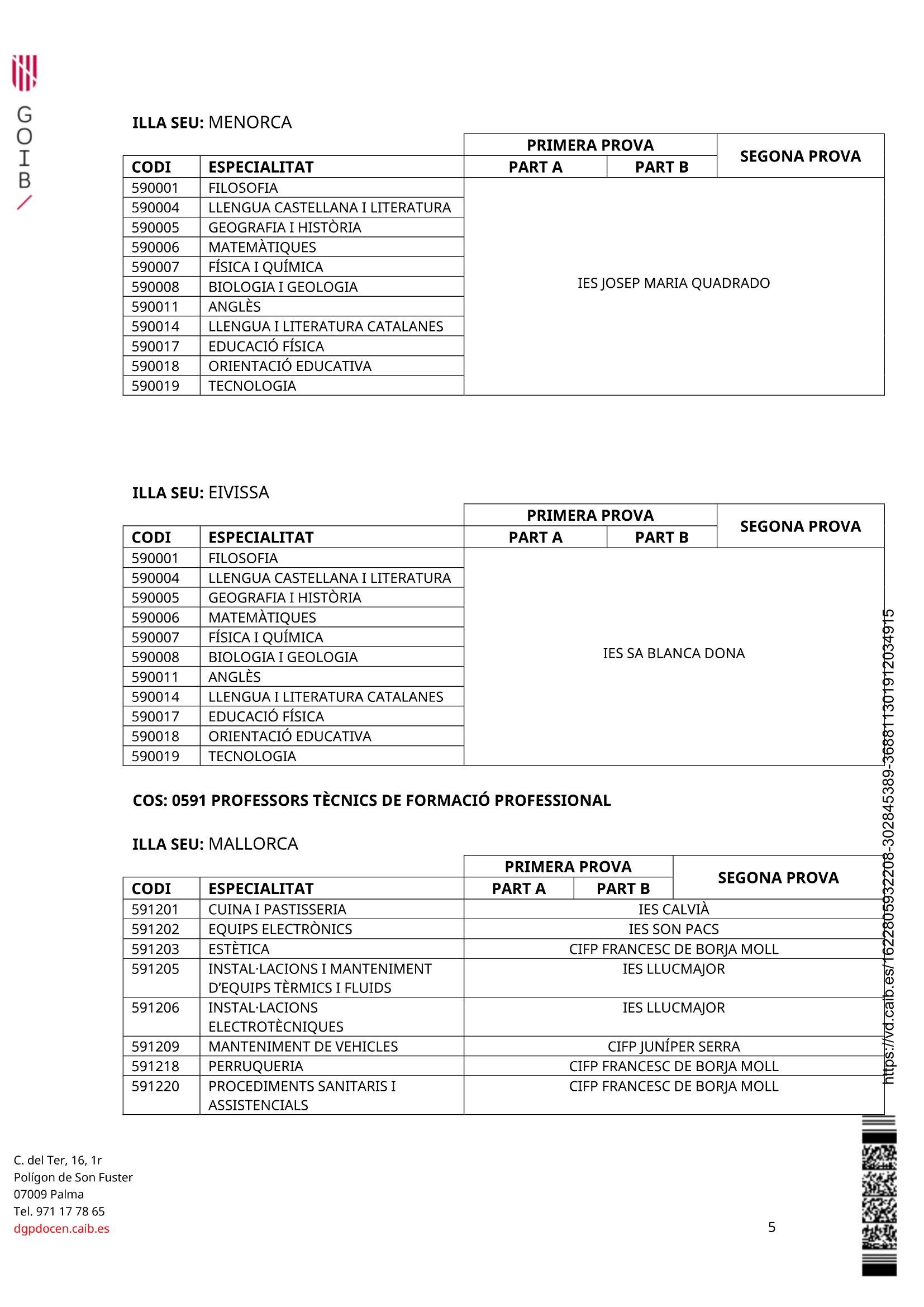 Oposicions 2021. Lloc de les proves 2