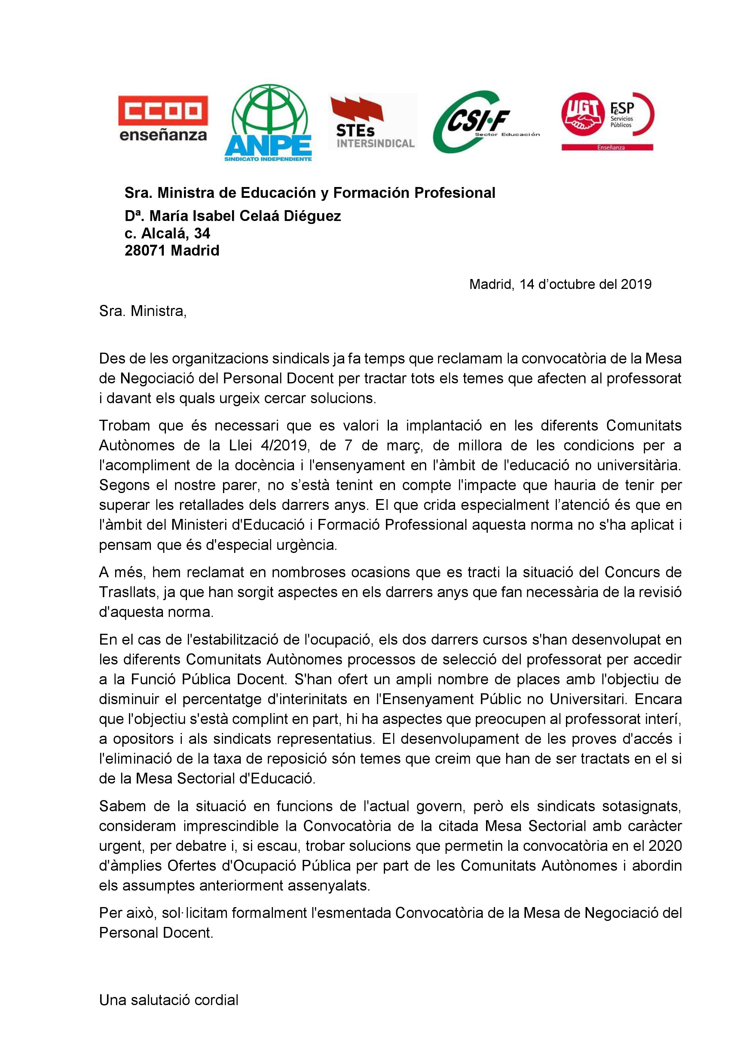 Peticio Mesa sectorial estatal